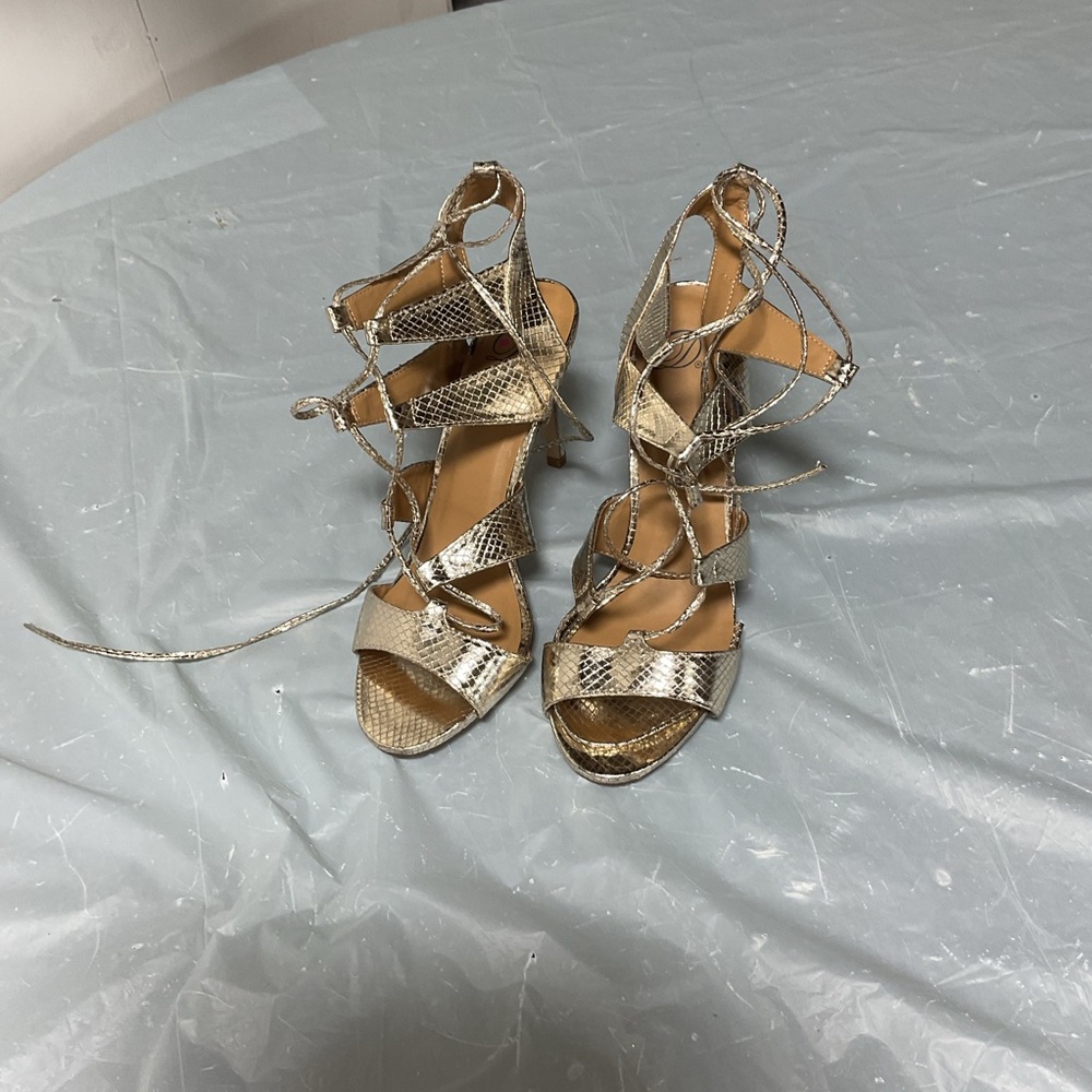 Snake-Embossed Lace-Up Heels in Metallic Gold